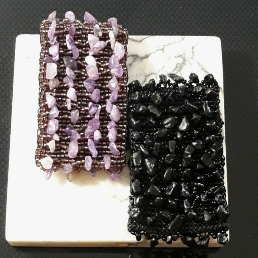 Purple + Black Beaded Synthetic Stone Cuff Stretch Bracelet - Set of 2